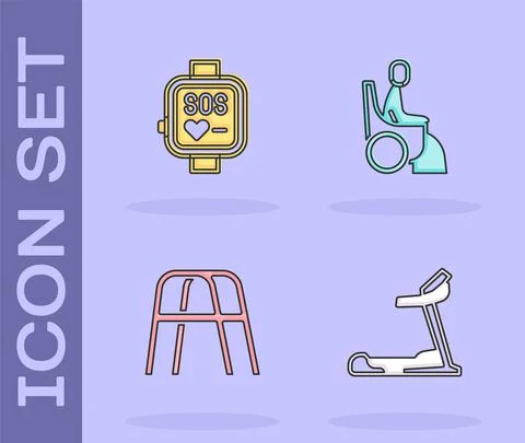 Set Treadmill machine, Smart watch, Walker and Woman wheelchair icon. Vector Illustrazione stock
