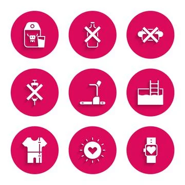 Set Treadmill machine, Sun, Smart watch, Swimming pool with ladder, Sport track Stock Illustration