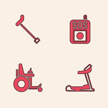 Set Treadmill machine, Walking stick cane, Press the SOS button and Electric Illustrazione stock