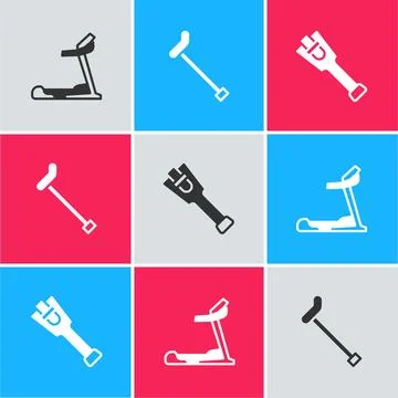Set Treadmill machine, Walking stick cane and Prosthesis leg icon. Vector Stock Illustration