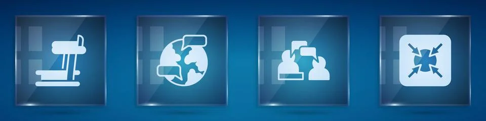 Set Treadmill machine, Worldwide, Two sitting men talking and Target. Square Illustrazione stock
