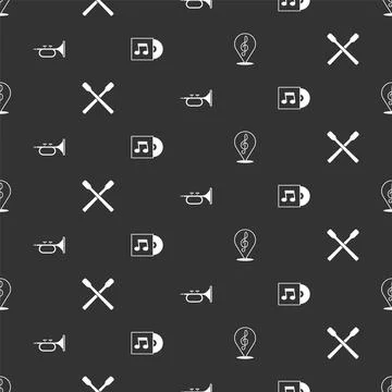 Set Treble clef, Drum sticks, Trumpet and Vinyl disk on seamless pattern. Vector Stock Illustration
