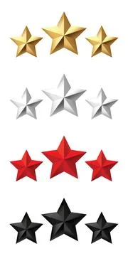 Set of tree 3d stars rating red gold silver black star collection icon award Stock Illustration