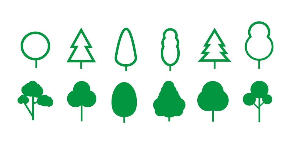 Set of tree and leaf collection hand drawn flat design vector element. Illustrazione stock