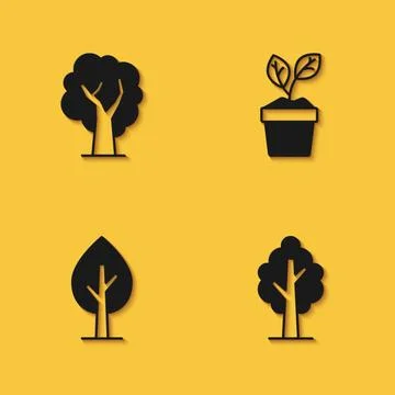 Set Tree,  and Plant in pot icon with long shadow. Vector Stock Illustration
