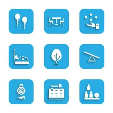 Set Tree, Arcade game machine, Bottles ball, Seesaw, Classic dart board and Stock Illustration