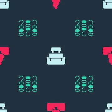 Set Tree, Bench and Grilled shish kebab on skewer on seamless pattern. Vector イラスト素材