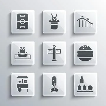 Set Tree, Bottles ball, Burger, Road traffic signpost, Fast street food cart Stock Illustration