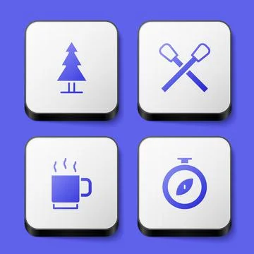 Set Tree, Burning match with fire, Coffee cup and Compass icon. White square Illustrazione stock