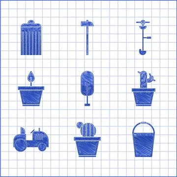 Set Tree, Cactus and succulent in pot, Bucket, Tractor, Plant, Grass weed Ilustración de archivo