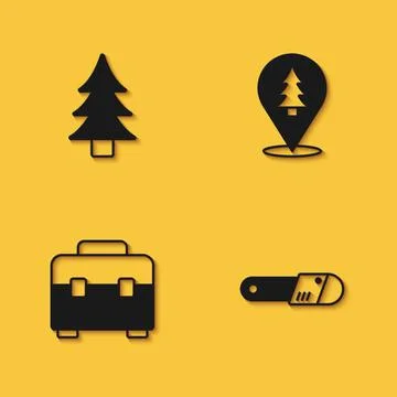 Set Tree, Chainsaw, Toolbox and Location of the forest icon with long shadow 스톡 일러스트