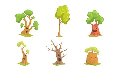 Set of tree characters. Green trees with with various face expression cartoon Illustrazione stock