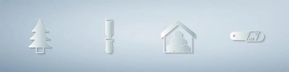 Set Tree, Chisel tool, Wooden logs and Chainsaw. Paper art style. Vector Stock Illustration