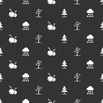 Set Tree, Cloud with rain, Fruit and Road traffic sign on seamless pattern Illustrazione stock