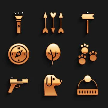 Set Tree, Dog, Winter hat, Paw print, Pistol or gun, Compass, Road traffic sign Illustrazione stock