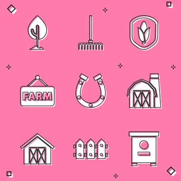 Set Tree, Garden rake, Shield corn, Signboard with text Farm, Horseshoe, house Stock Illustration