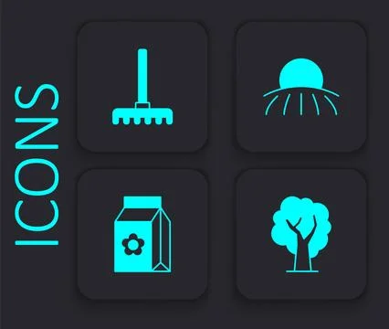 Set Tree, Garden rake, Sunrise and Pack full of seeds icon. Black square bu.. Stock Illustration