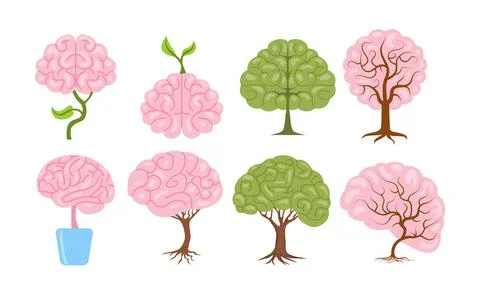 Set of tree growing brain set collection, tree brain concept, Symbolizing G.. Stock Illustration