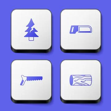 Set Tree, Hacksaw, Hand and Wooden log icon. White square button. Vector 库存插图