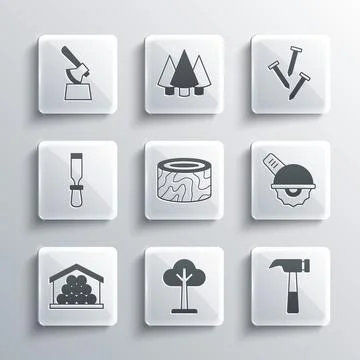 Set Tree, Hammer, Electric circular saw, stump, Wooden logs, Chisel tool, axe in イラスト素材