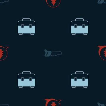 Set Tree, Hand saw and Toolbox on seamless pattern. Vector Stock Illustration