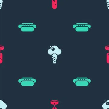 Set Tree, Ice cream in waffle cone and Hotdog on seamless pattern. Vector Stock Illustration