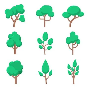 Set of tree illustrations in flat style isolated on white background. Design Stock Illustration