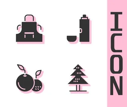 Set Tree, Kitchen apron, Fruit and Thermos container icon. Vector Stock Illustration