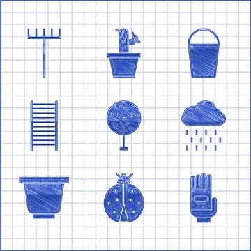 Set Tree, Ladybug, Garden gloves, Cloud with rain, Flower pot, Wooden staircase Illustration