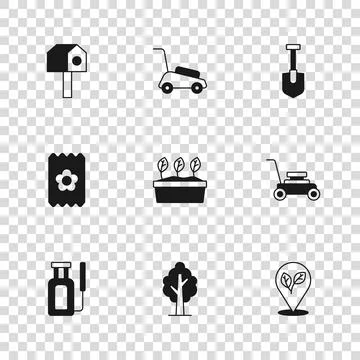 Set Tree, Lawn mower, Location with leaf, Plant in pot, Shovel, Bird house,.. Stock Illustration
