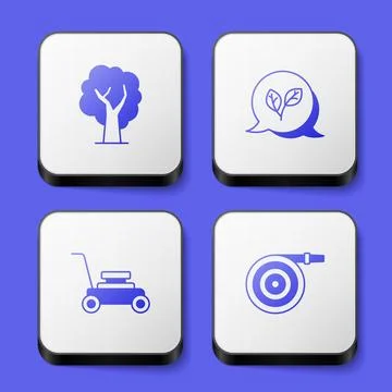 Set Tree, Leaf, Lawn mower and Garden hose icon. White square button. Vector Illustrazione stock
