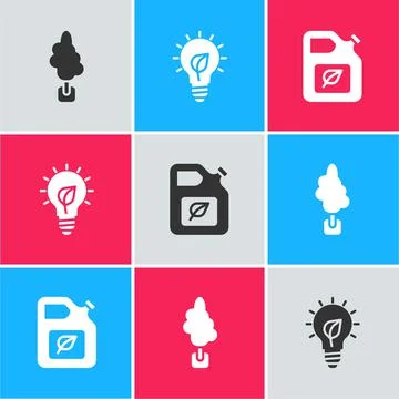 Set Tree, Light bulb with leaf and Bio fuel canister icon. Vector Illustrazione stock