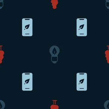 Set Tree, Light bulb with leaf and Mobile phone on seamless pattern. Vector Stock Illustration