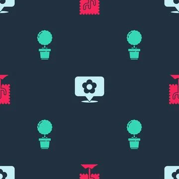 Set Tree, Location with flower and Flower in pot on seamless pattern. Vector Illustrazione stock