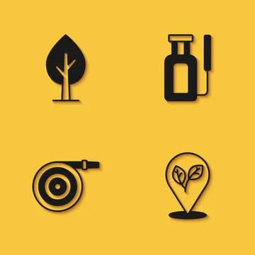 Set Tree Location with leaf Garden hose and sprayer for water icon with long  Stock Illustration