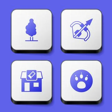 Set Tree, Medieval bow and arrow, Hunting shop and Paw search icon. White square Stock Illustration