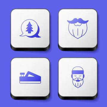 Set Tree, Mustache and beard, Wood plane tool and Lumberjack icon. White square Stock Illustration