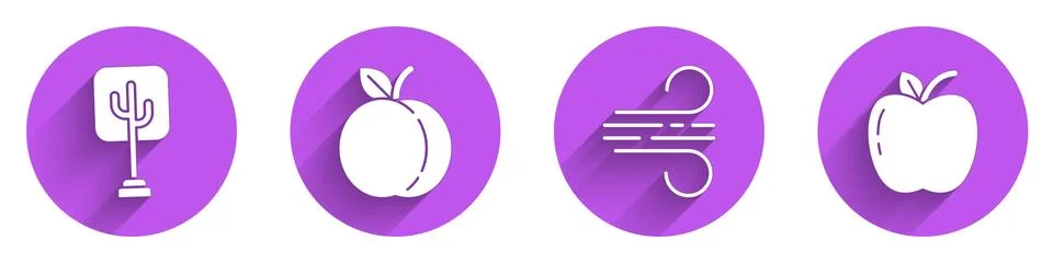 Set Tree, Peach fruit, Wind and Apple icon with long shadow. Vector Stock Illustration