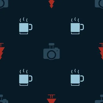 Set Tree, Photo camera and Coffee cup on seamless pattern. Vector 스톡 일러스트