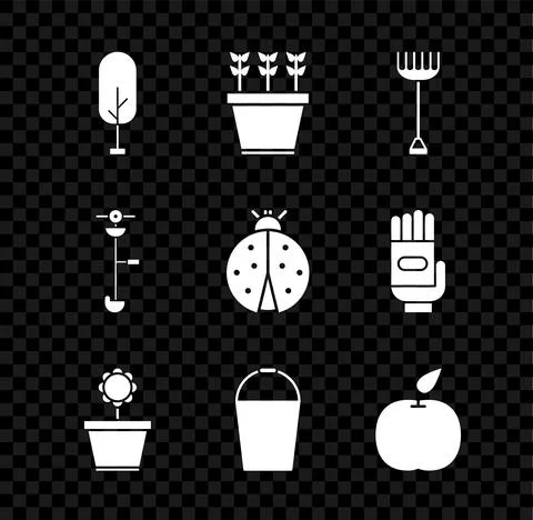 Set Tree, Plants in pot, Garden rake, Flower, Bucket, Apple, Grass and weed Illustration