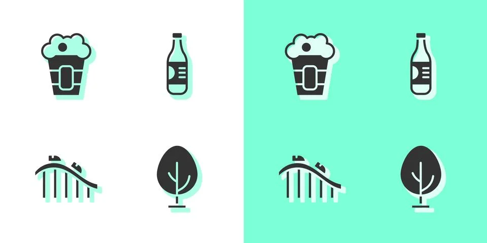 Set Tree, Popcorn in box, Roller coaster and Bottle of water icon. Vector Stock Illustration