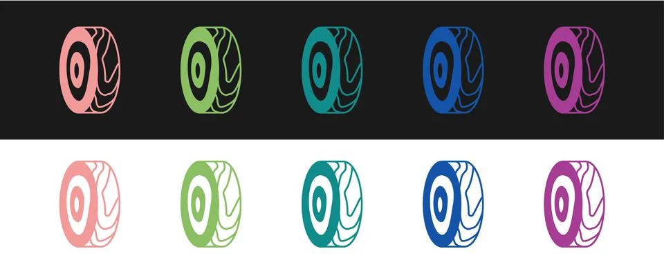 Set Tree rings icon isolated on black and white background. Wooden cross section Stock Illustration