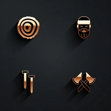 Set Tree rings, Lumberjack, Metallic nails and Wooden axe icon with long shadow 스톡 일러스트