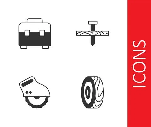 Set Tree rings, Toolbox, Electric circular saw and Metallic nail icon. Vector 스톡 일러스트