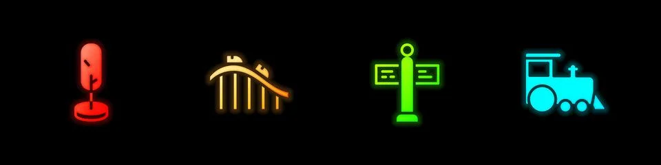 Set Tree, Roller coaster, Road traffic signpost and Toy train icon. Vector Stock Illustration