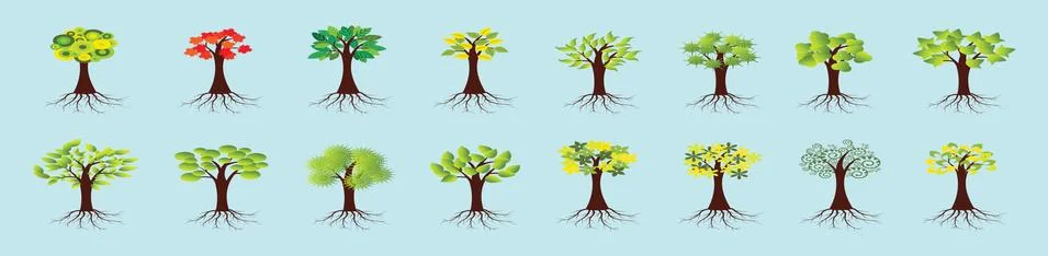 Set of tree with roots in various models. cartoon icon design template Stock Illustration