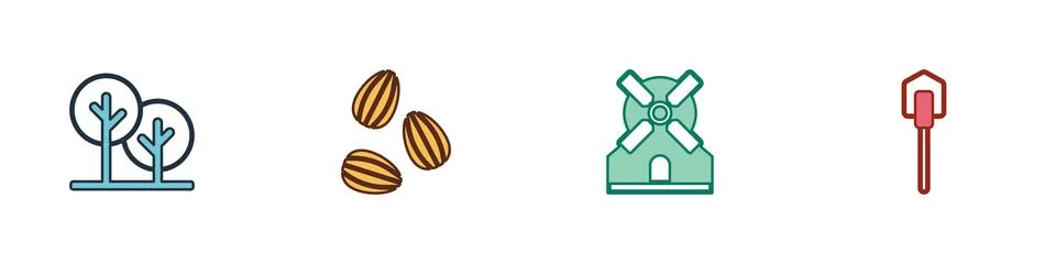 Set Tree, Seeds, Windmill and Shovel icon. Vector Illustrazione stock