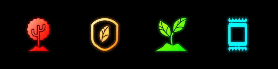 Set Tree, Shield with leaf, Plant and Fertilizer bag icon. Vector 스톡 일러스트