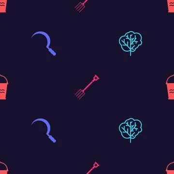 Set Tree, Sickle, Garden pitchfork and Bucket on seamless pattern. Vector Stock Illustration