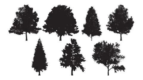 Set of tree silhouettes in dotwork style. For the forest or park background Stock Illustration